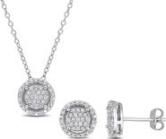 DELMAR Diamond Halo Pendant Necklace & Stud Earrings Set