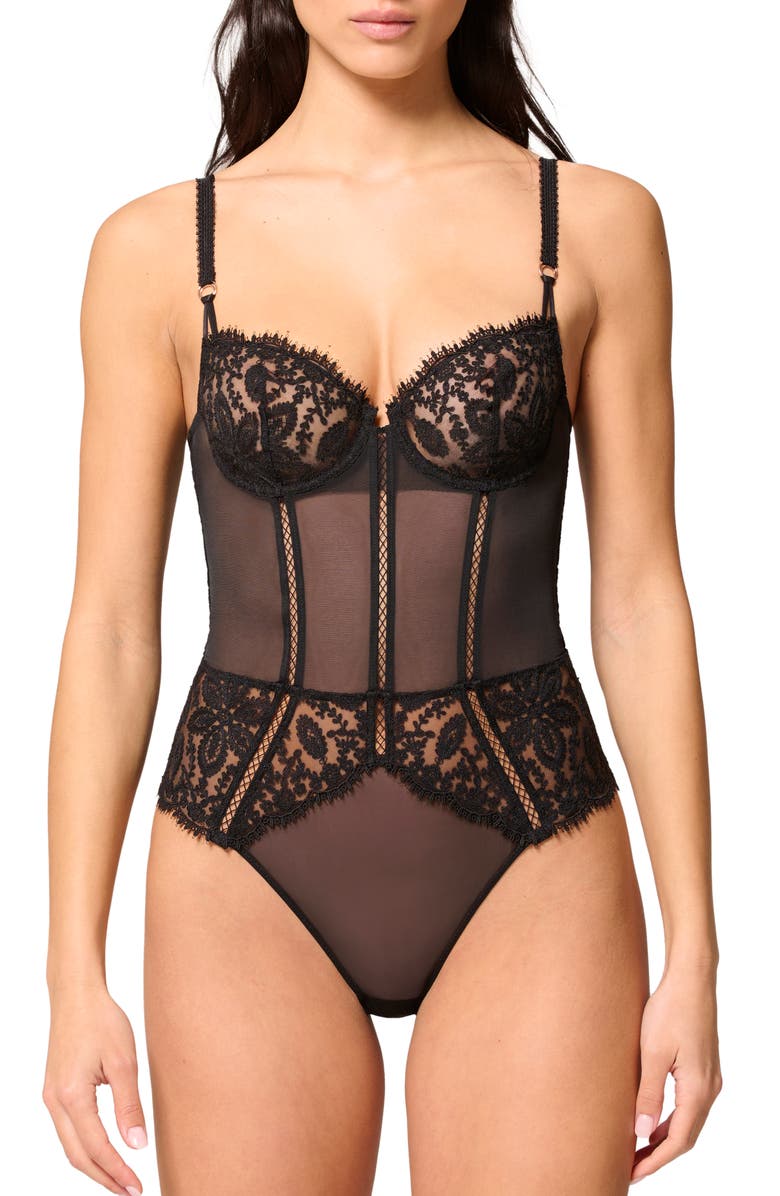 Simone Perele Embroidered Bodysuit, Main, color, Black