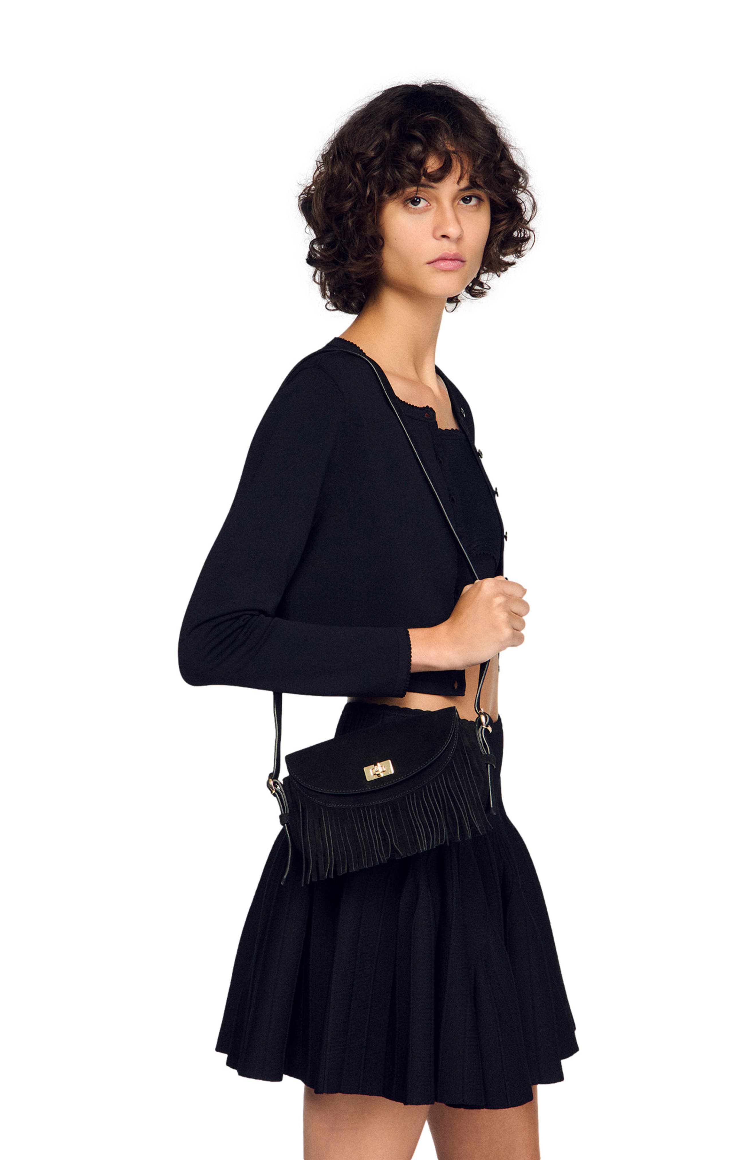 SANDRO Mini Mambo suede bag, Alternate, color, Black