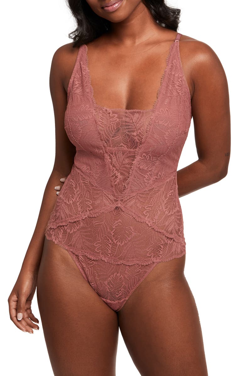 Montelle Intimates Lace Metallic High Leg Bodysuit, Main, color,