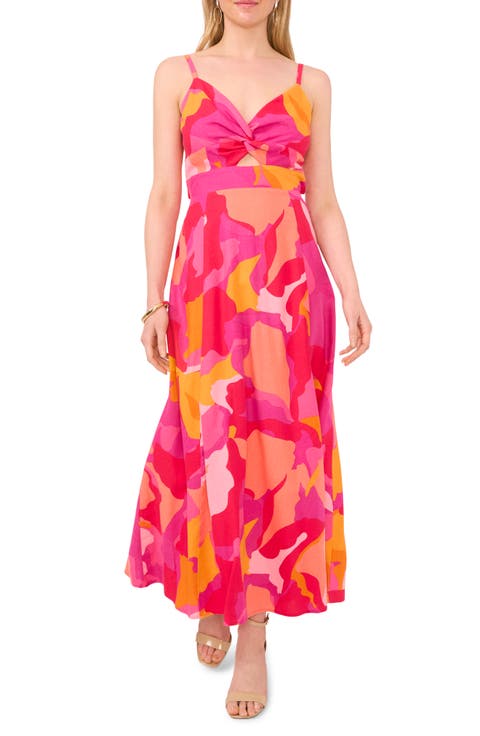 Printed Cutout Tie Back Maxi Sundress