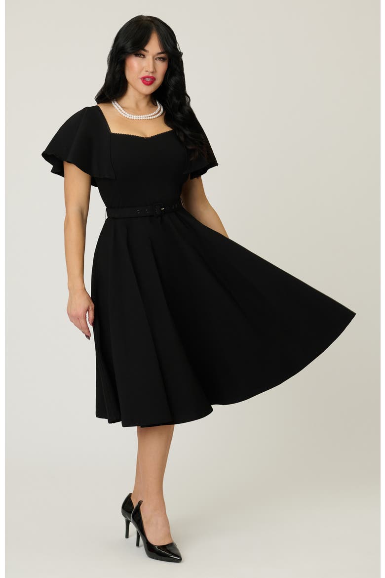 Flutter Sleeve Belted Swing Dress, Alternate, color, Solid Black