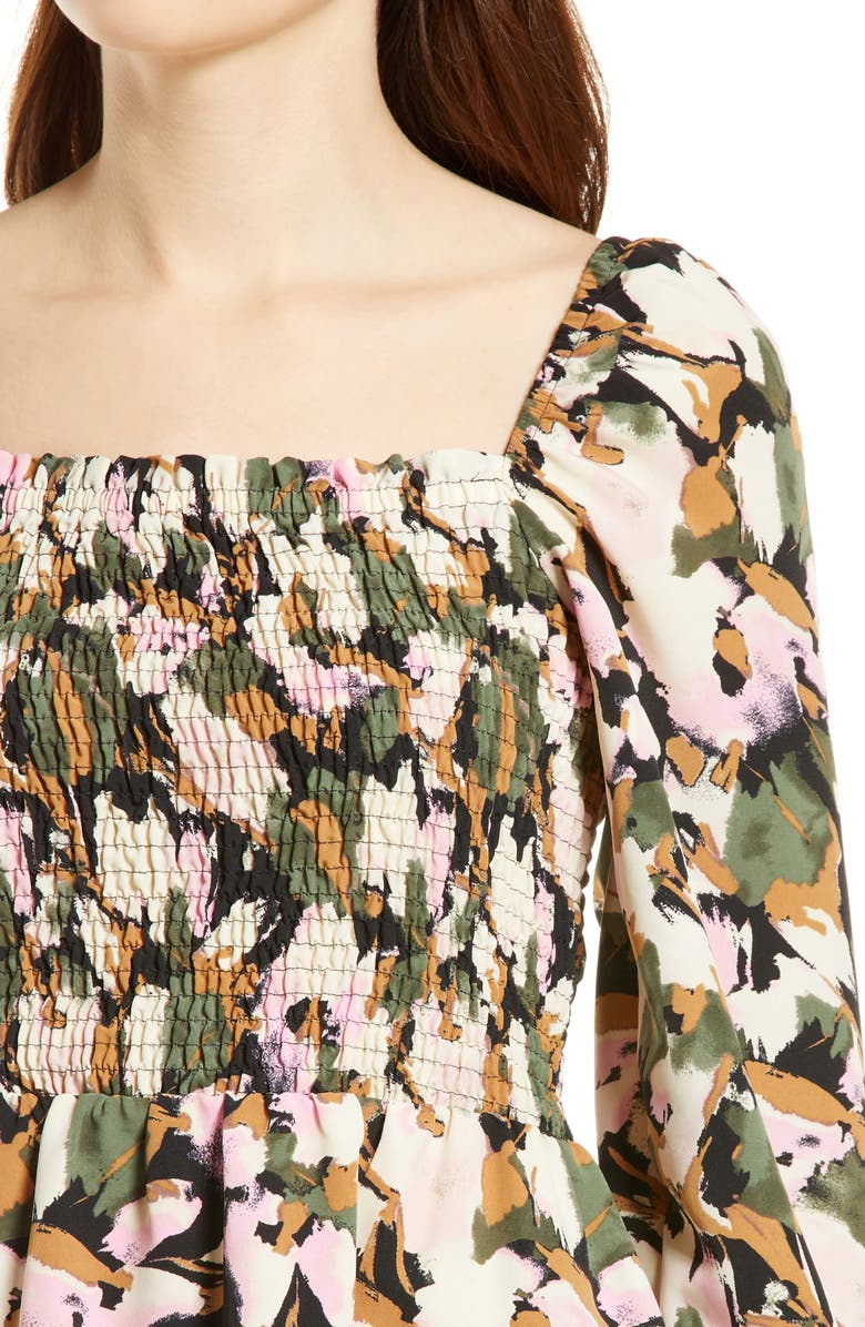 VERO MODA Hui Floral Print Smocked Long Sleeve Minidress, Alternate, color, Black Aop Hui