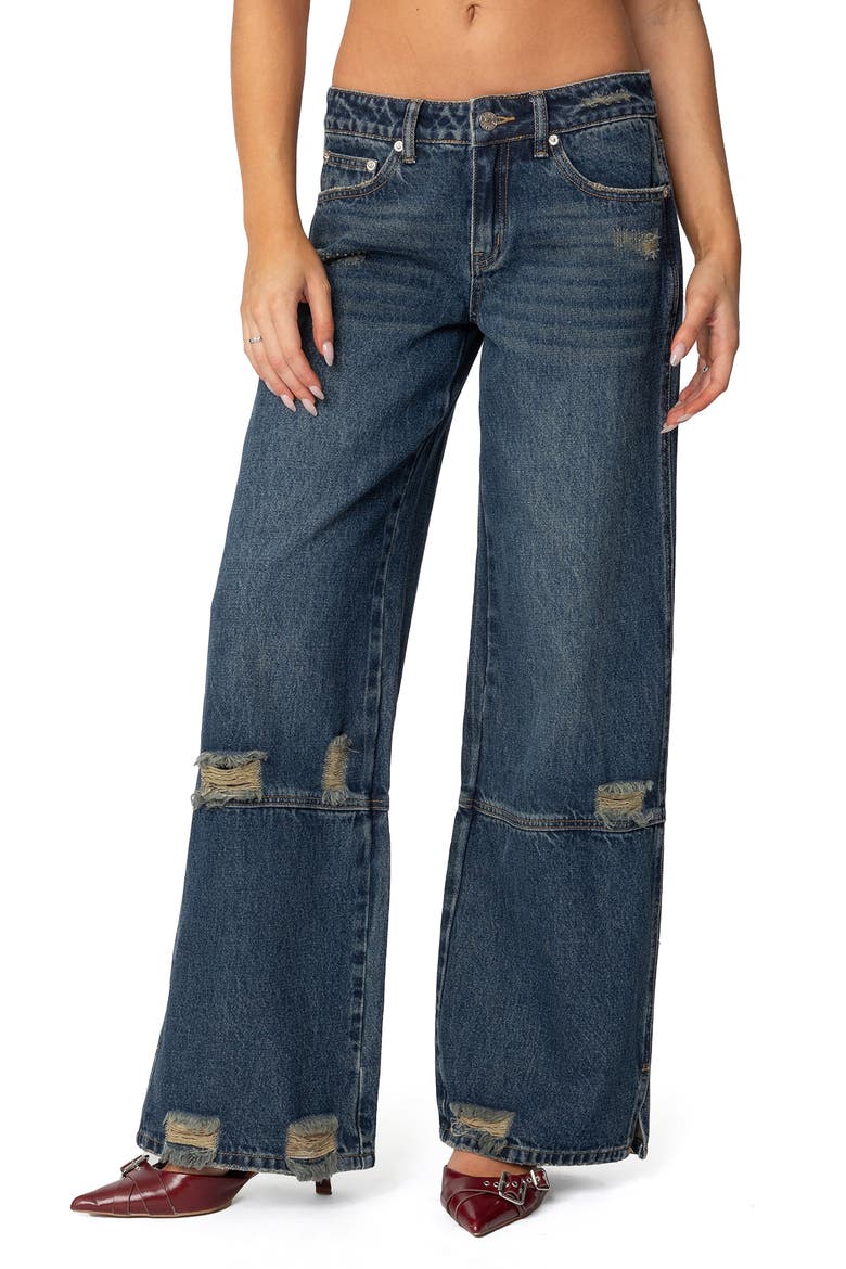 Ripped Low Rise Wide Leg Jeans, Main, color, BLUE