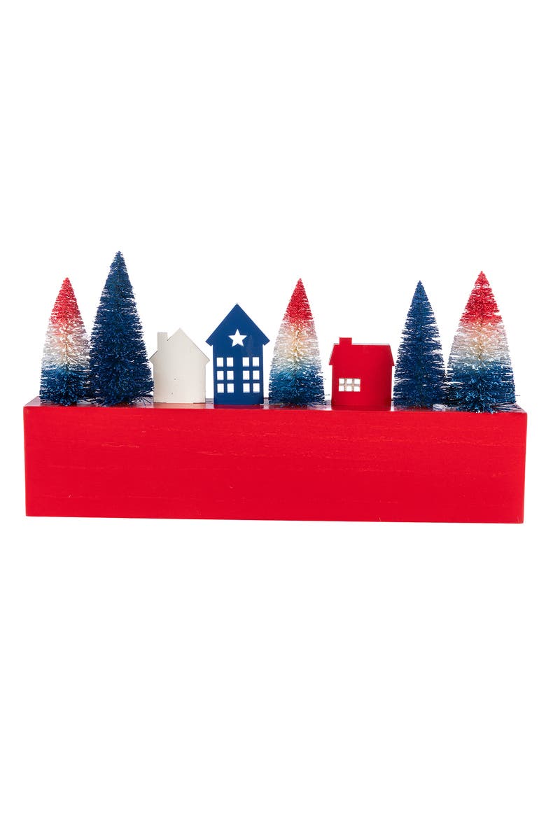 Glitzhome Patriotic Americana Wooden House Brush Trees Table Decor, Alternate, color, Blue