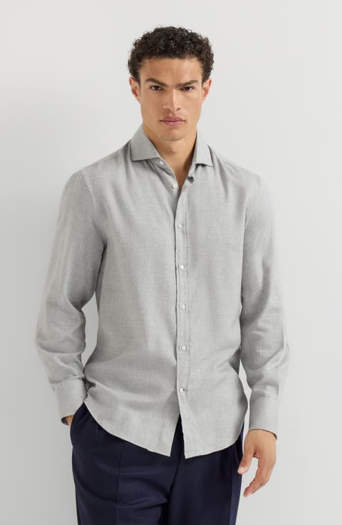 Stretch cotton chevron flannel shirt with spread collar