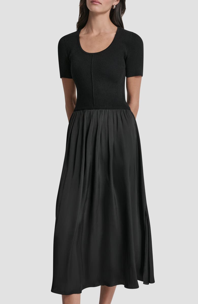 DKNY Mixed Media Short Sleeve Dress, Alternate, color, Black