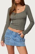 EDIKTED Beatrix Lace Trim Rib Long Sleeve Top