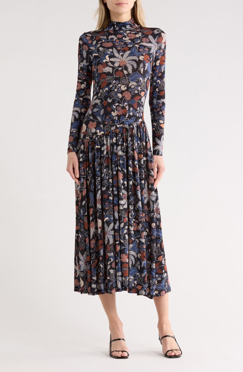 Ulla Johnson Fernanda Turtleneck Long Sleeve Drop Waist Dress, Main, color, Moonlight Floral