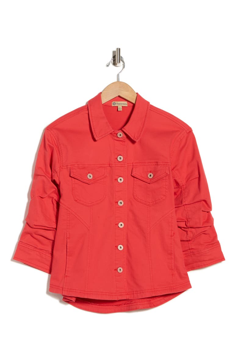Cinch Sleeve Denim Jacket, Alternate, color, LOBSTER