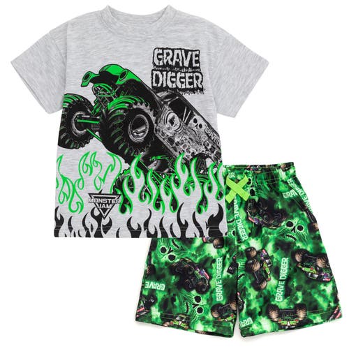 Monster Jam Grave Digger T-shirt & Mesh Shorts Set In Gray
