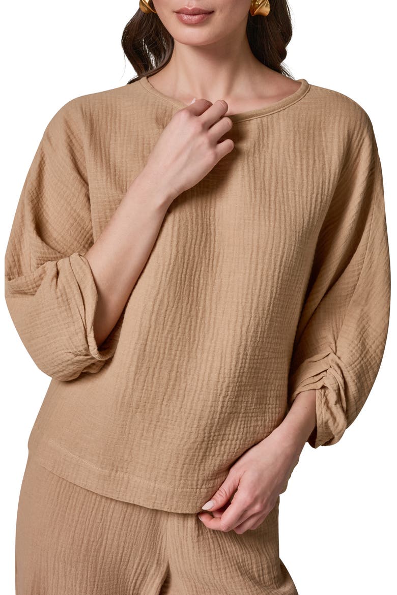 Twist Cuff Cotton Gauze Top, Alternate, color, FAWN