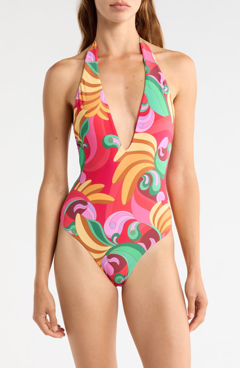 FARM Rio Halter Neck One-Piece Swimsuit, Main, color, Banana Queen