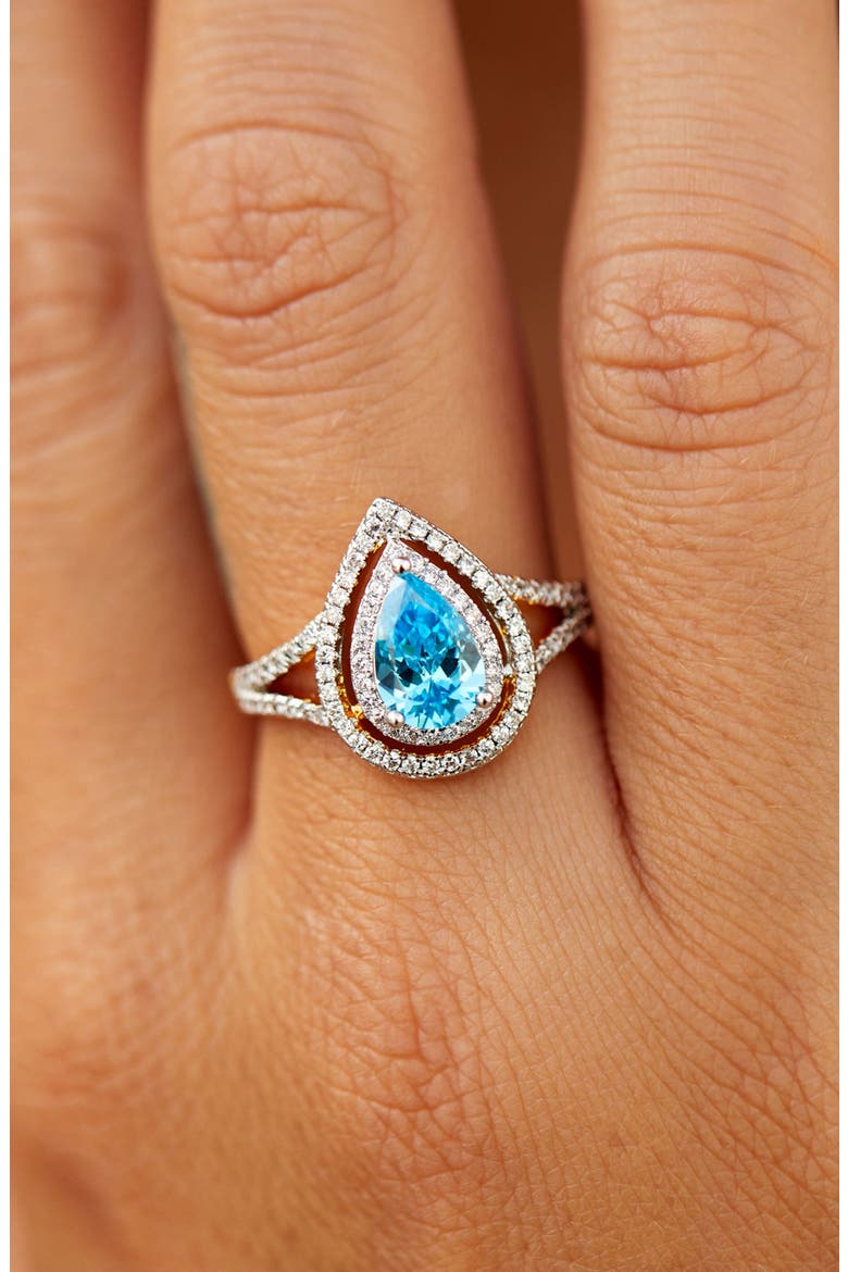 SAVVY CIE JEWELS 18K Gold Plated Halo Pear Cut Laguna Blue Lab Created ...