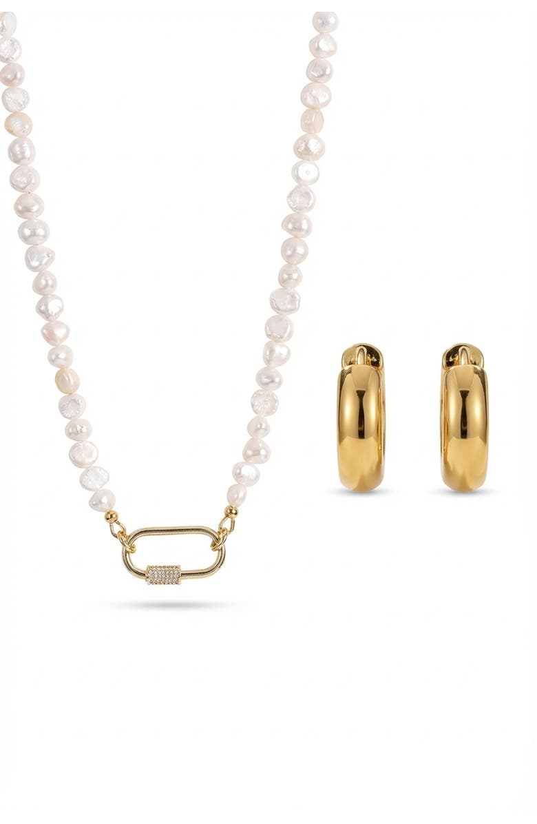 Joey Baby Carabiner Lock Style Freshwater Pearl Necklace And Earring Set, Main, color, Metallic Gold