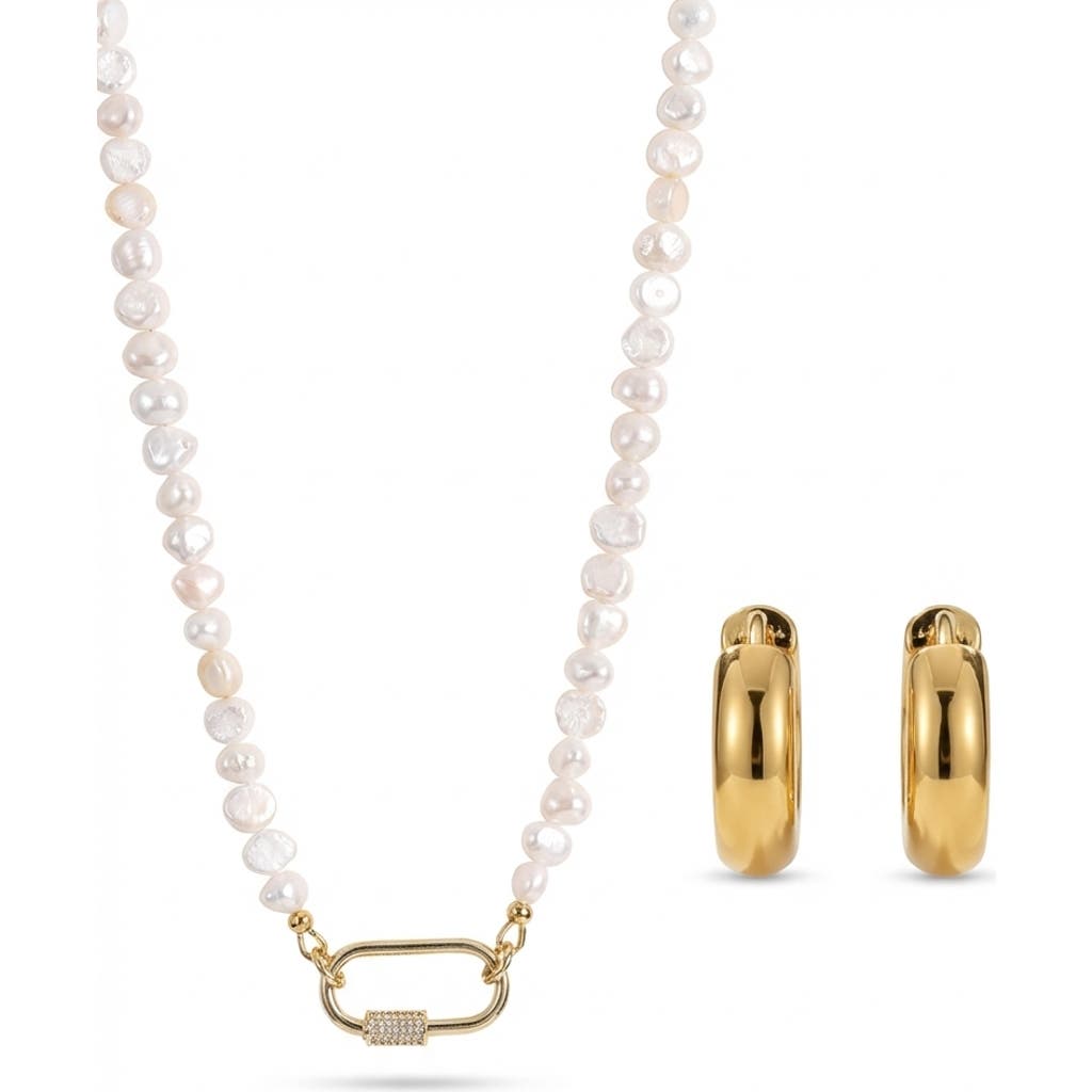 Joey Baby Carabiner Lock Style Freshwater Pearl Necklace And Earring Set in Metallic Gold at Nordstrom, Size Medium