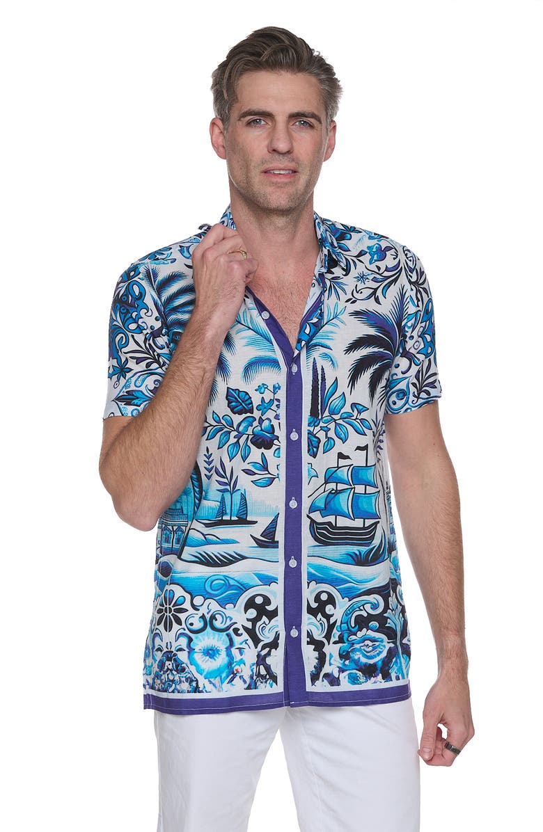 RANEES Extra Trim Fit Print Linen & Cotton Camp Shirt, Alternate, color, Blue