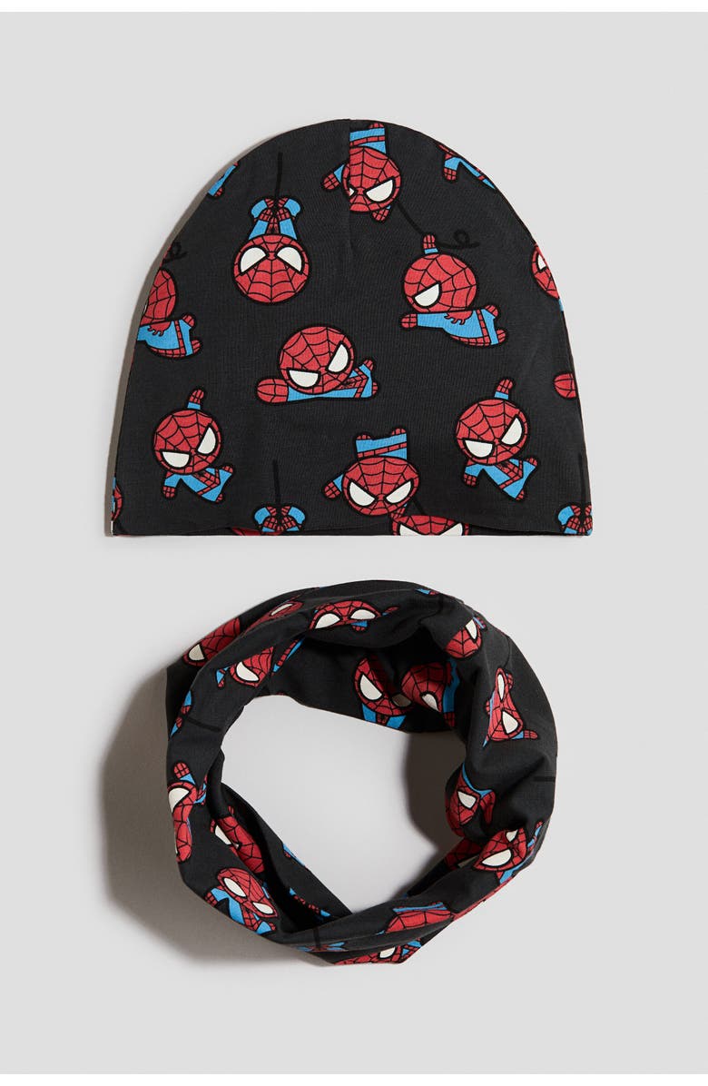 H&M 2-piece Beanie And Tube Scarf Set, Main, color, Dark Gray/Spider-Man