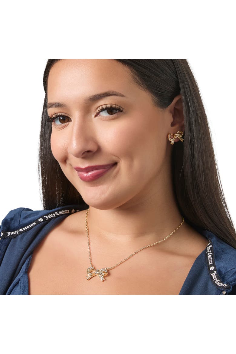 Pavé Bow Necklace & Stud Earring Set, Gold-Tone, Alternate, color, Gold Tone