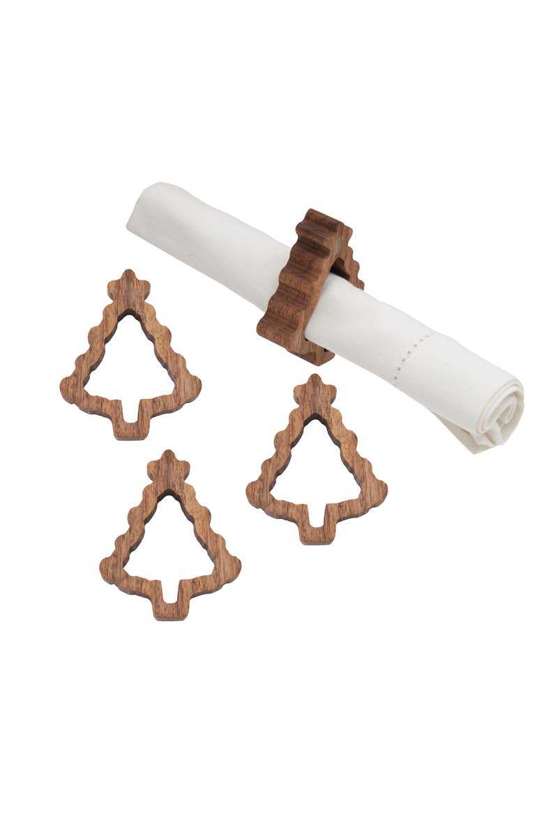 Christmas Tree Set of 4 Acacia Wood Standard Cloth Napkin Rings, Main, color, Brown