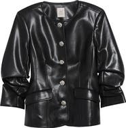 Cinq à Sept Crystal Button Scrunched Sleeve Faux Leather Jacket