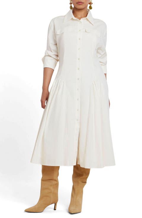 Shirred Godet Flare Poplin Dress