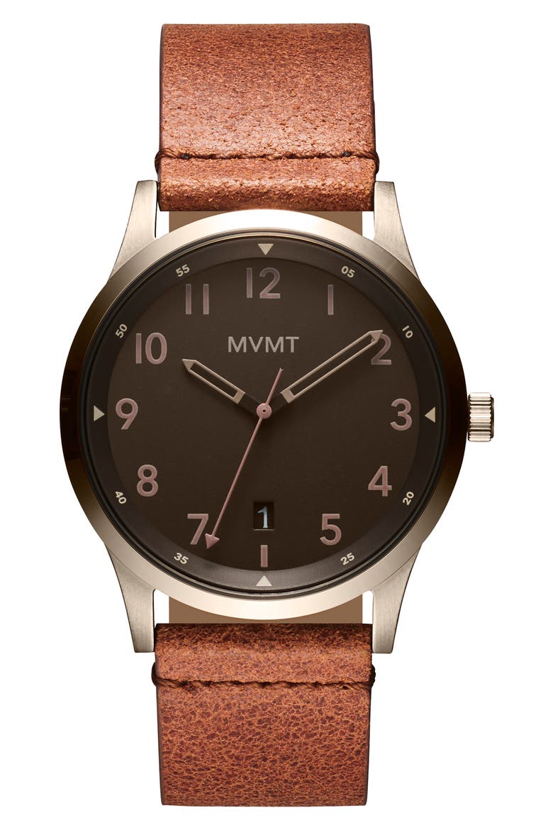 MVMT Field Nomad Leather Strap Watch, 41mm, Main, color, BROWN/ COFFEE/ BEIGE GOLD