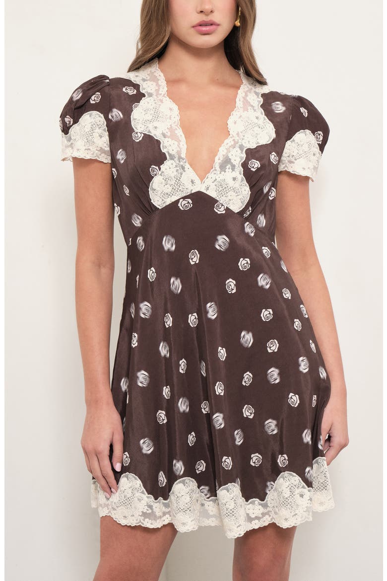 Suzy Lace Trim Minidress, Alternate, color, BROWN ROSE PRINT