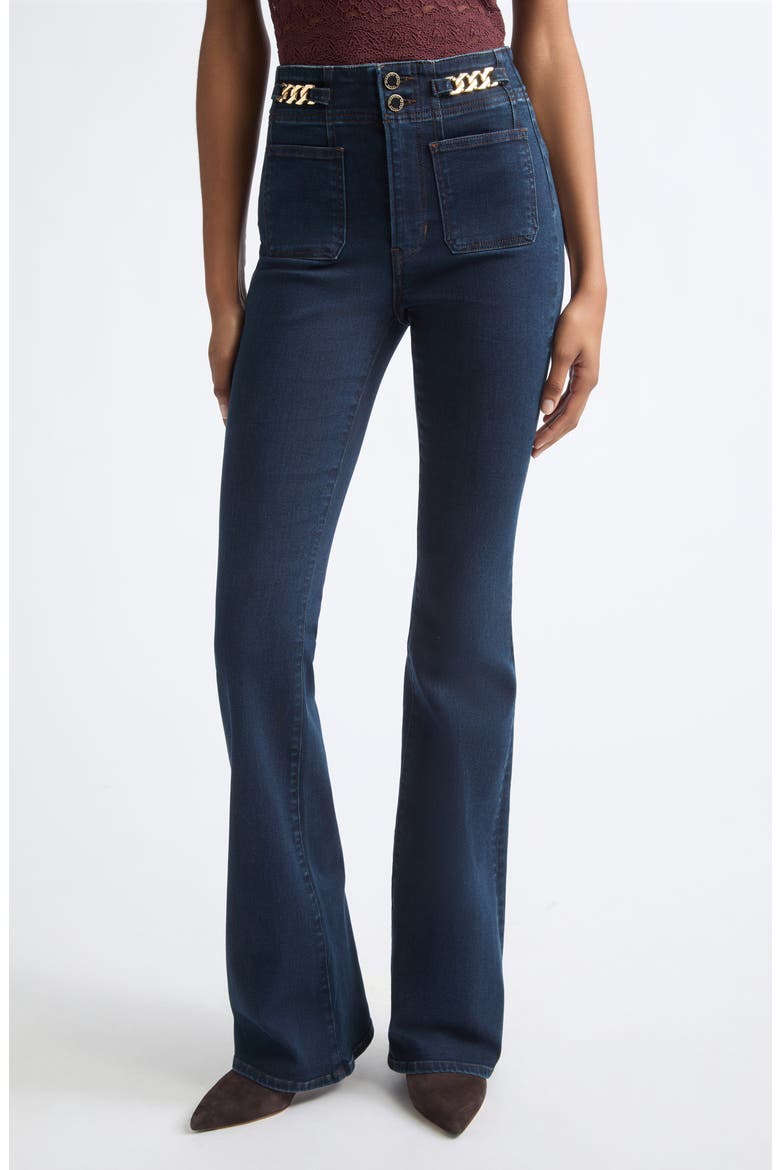 Beverly Chain Detail High Waist Flare Jeans, Main, color, DARK MIDNIGHT