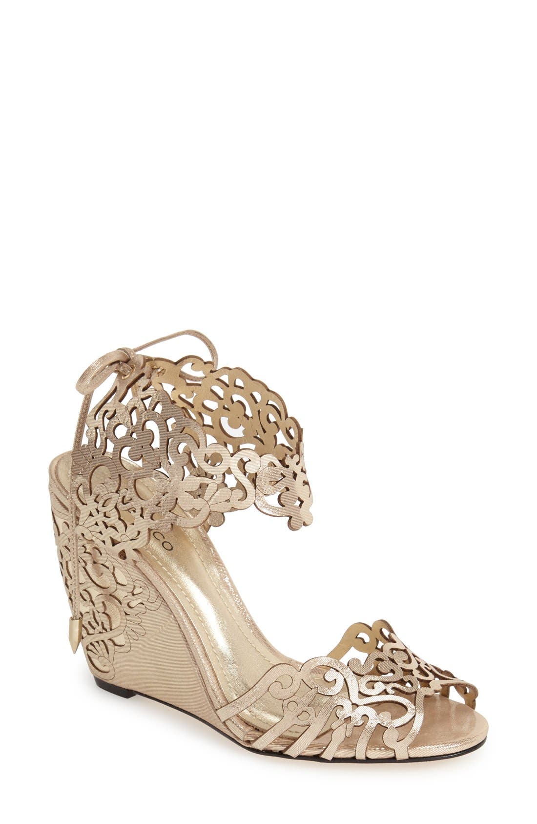 'Moxie' Laser Cutout Wedge Sandal, Main, color, CHAMPAGNE GLOSS