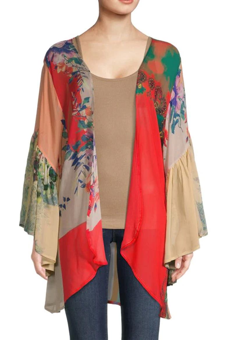 Mystical Garden Floral Print Bell Sleeve Ruana, Main, color, RED MULTI