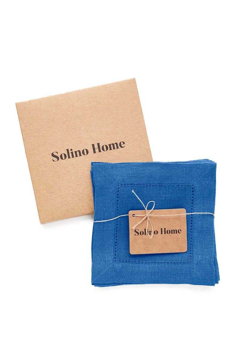 Solino Home Linen Cocktail Napkins Set of 12, 6 x 6 Inch for Dining Table, Holiday and Everyday Table Decor - Classic Hemstitch, Alternate, color, Indigo Blue