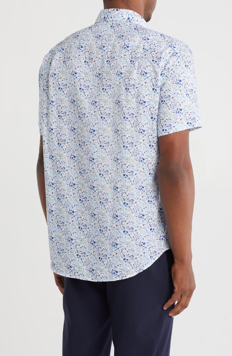 David Donahue Floral Print Short Sleeve Sport Shirt, Alternate, color, Dune/ Blue