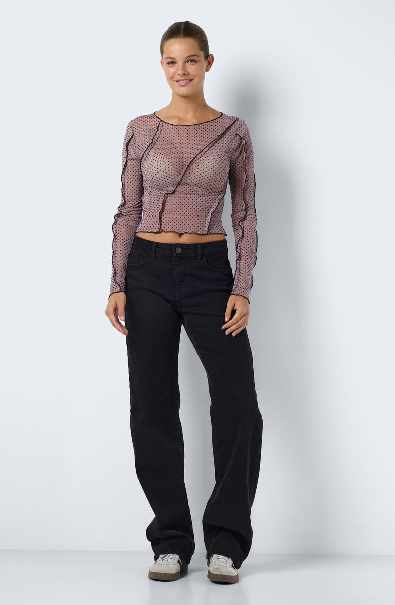 Noisy may Vikki Flocked Dot Long Sleeve Mesh Crop Top, Alternate, color,