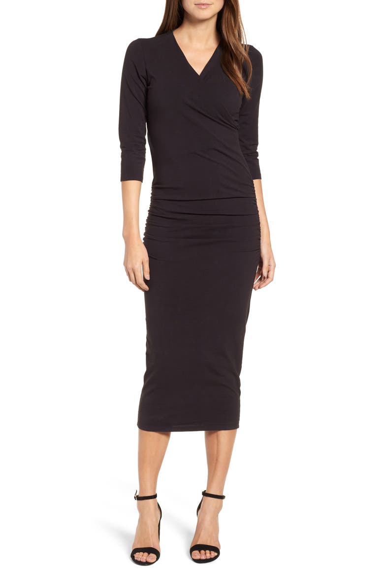 Ruched Surplice Stretch Cotton Body-Con Dress, Main, color, BLACK