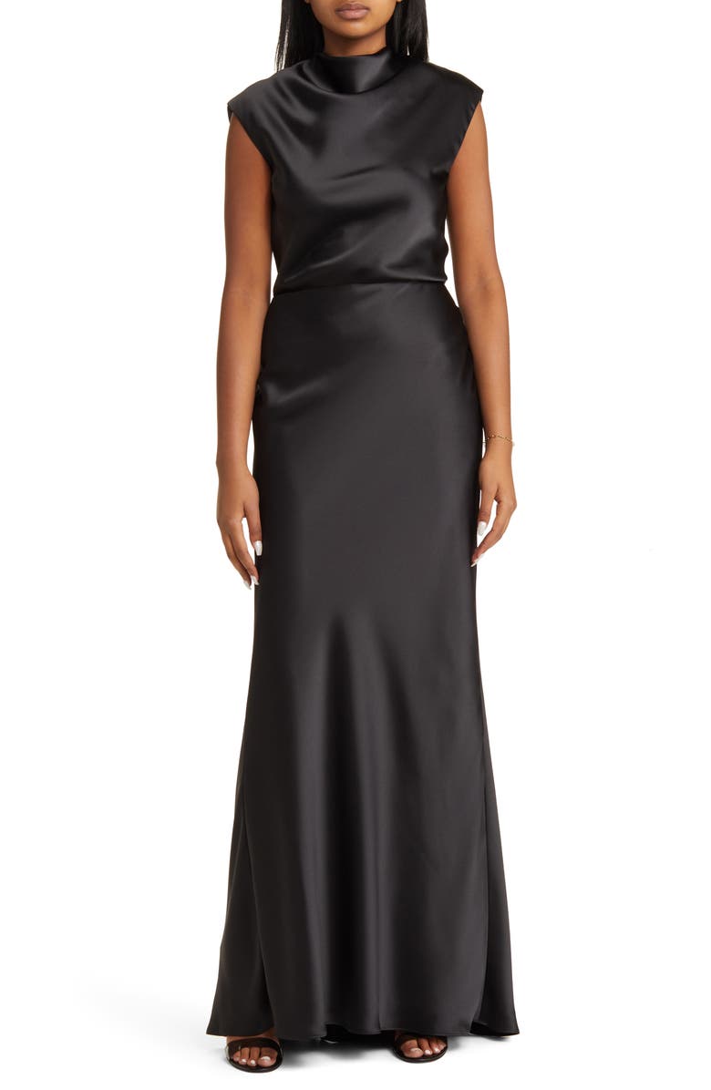 Amsale High Cowl Neck Satin Gown, Main, color, 