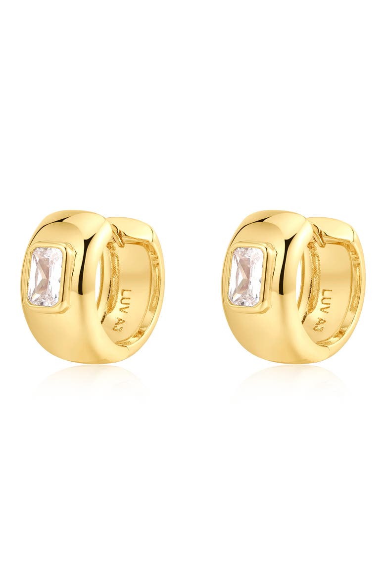 The Emerald Cut Cubic Zirconia Huggie Earrings, Main, color, GOLD