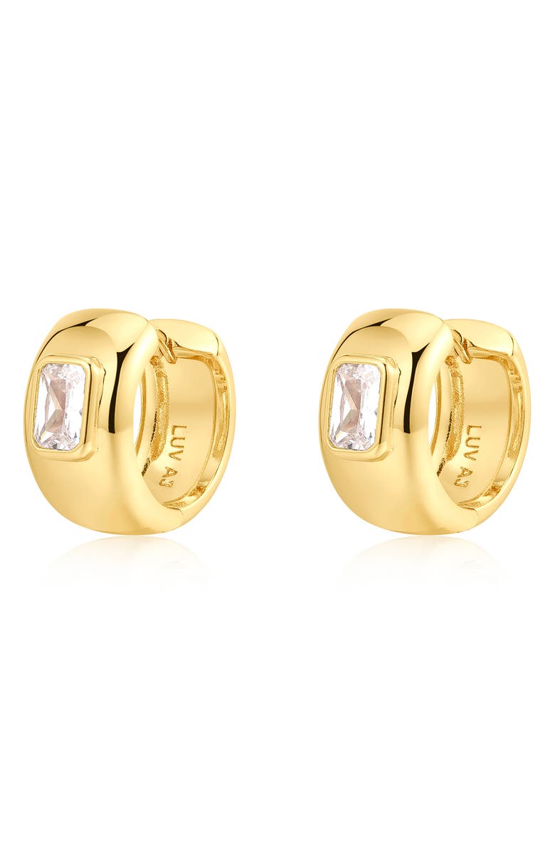 Luv AJ The Emerald Cut Cubic Zirconia Huggie Earrings, Main, color, 