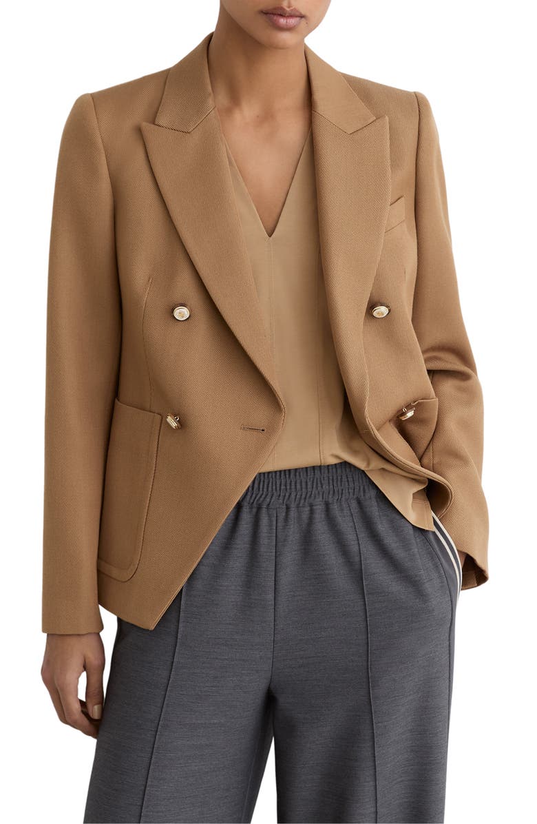 Reiss Gigi Double Breasted Cutaway Wool Blend Blazer, Main, color, Camel