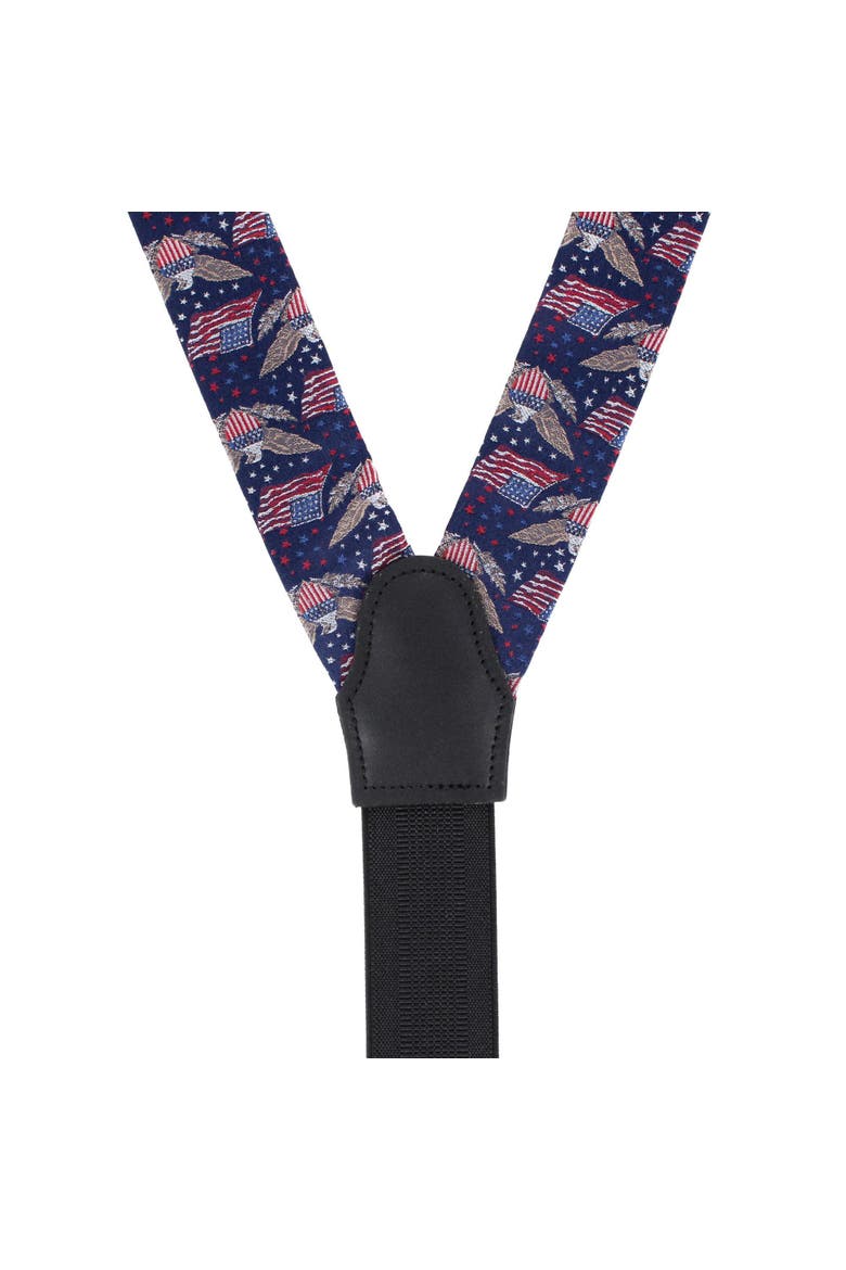 Legacy Soars Patriotic Bald Eagle Silk Novelty Button End Suspenders, Alternate, color, Navy Blue