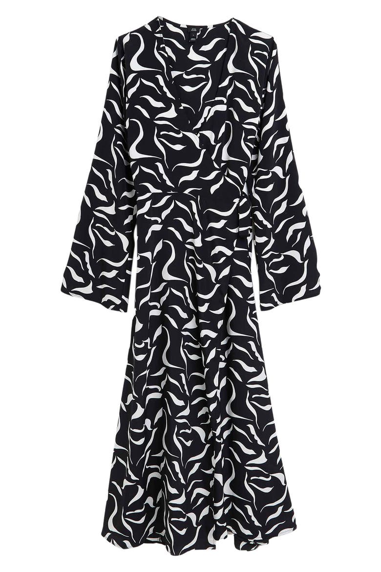 Abstract Print Long Sleeve Wrap Dress, Alternate, color, BLACK