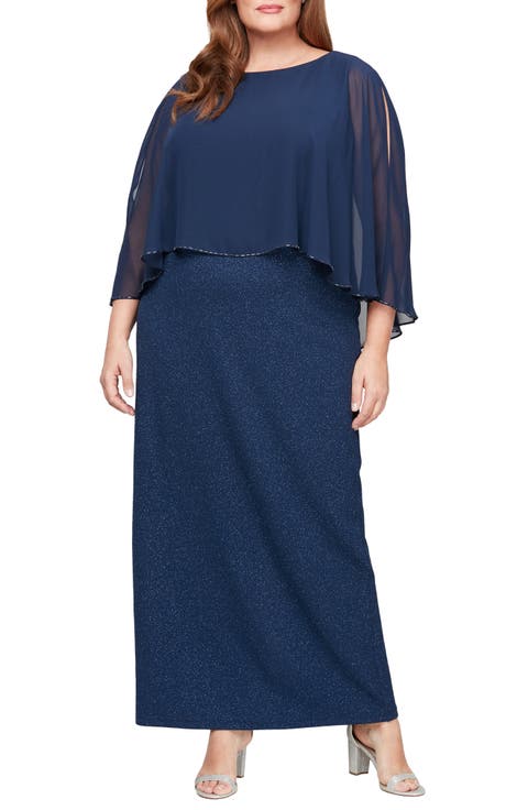 Shimmer & Beaded Chiffon Capelet Gown (Plus)