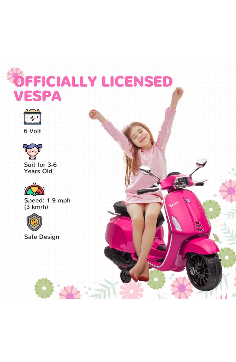 Qaba Vespa 6V Kids Electric Motorcycle with Music, FM Radio, Headlight, Single Button Start, Alternate, color, Pink