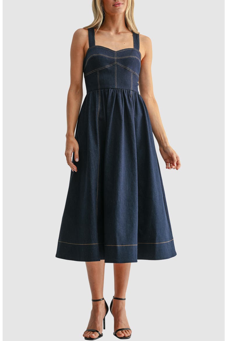 Sweetheart Neck Fit & Flare Denim Midi Dress, Main, color, DARK DENIM