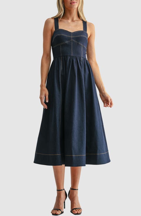 Sweetheart Neck Fit & Flare Denim Midi Dress