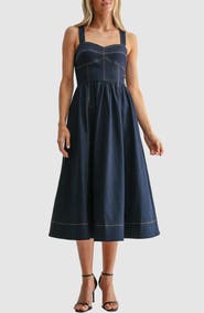 Mila Mae Sweetheart Neck Fit & Flare Denim Midi Dress