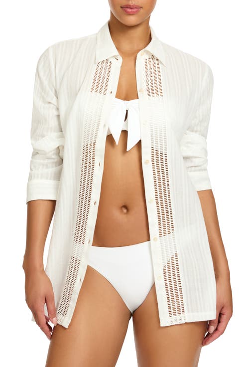 Marina Ladder Stitch Embroidered Semisheer Cotton Cover-Up Shirt