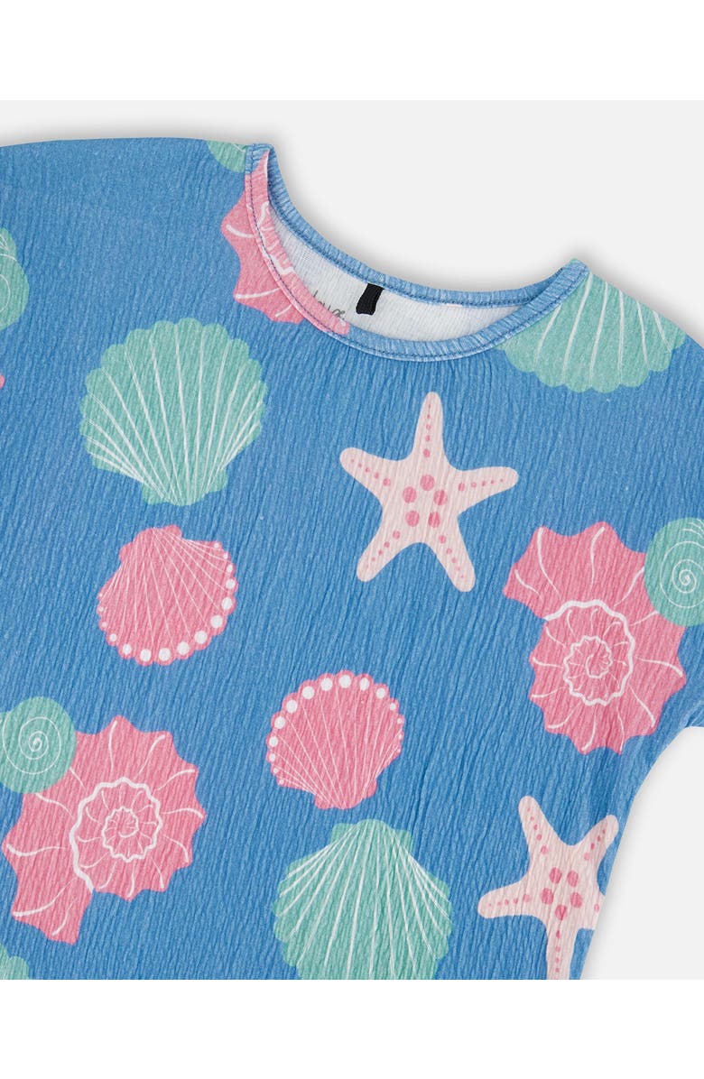 Deux par Deux Crinkle Jersey Flutter Sleeves Shell T-Shirt, Alternate, color, Blue Seashell Print