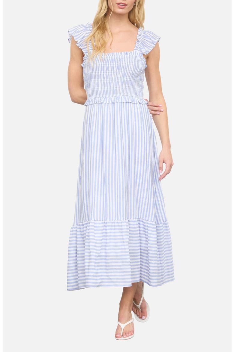 Stripe Flutter Sleeve Smocked Dress, Main, color, BLUE