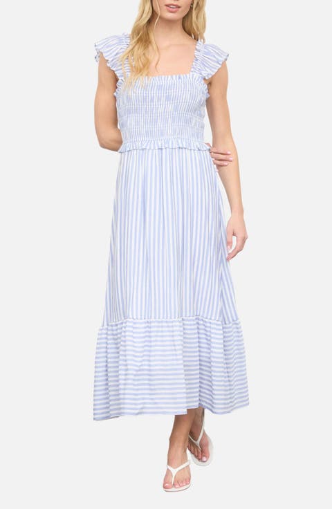 Stripe Flutter Sleeve Smocked Dress